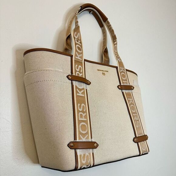 RARE NWT Michael Kors Maeve Large Open Tote Canvas Double Handles Handbag Cream - Picture 7 of 10